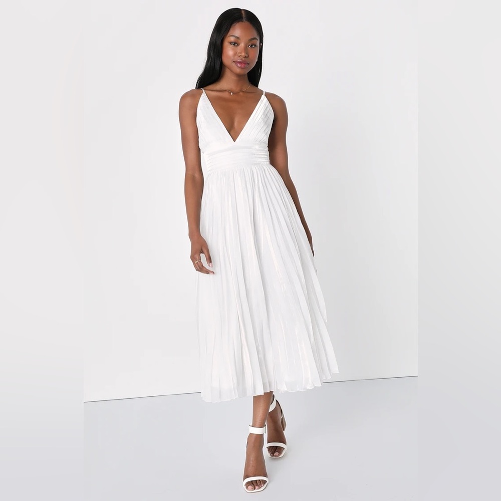 Romantic Aesthetic Shiny White Pleated Midi Dress